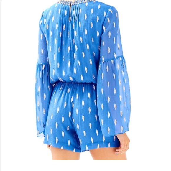 Lili Pulitzer Silk Romper Bennet Blue Diamond Metallic Clip XS - Picture 2 of 2